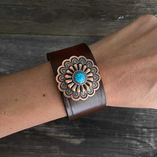 One of a kind genuine leather copper flower and blue stone concho bracelet