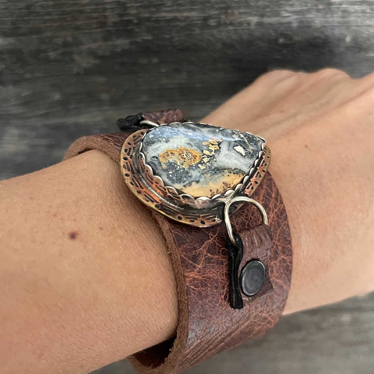 One of a kind genuine brown leather and drop-shaped Maligano jasper statement bracelet