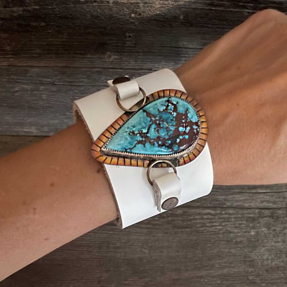 One of a kind genuine white leather and drop-shaped Tibetan turquoise statement bracelet