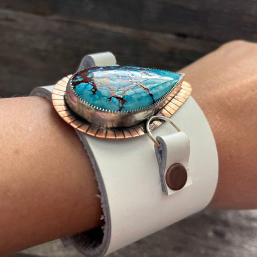 One of a kind genuine white leather and drop-shaped Tibetan turquoise statement bracelet
