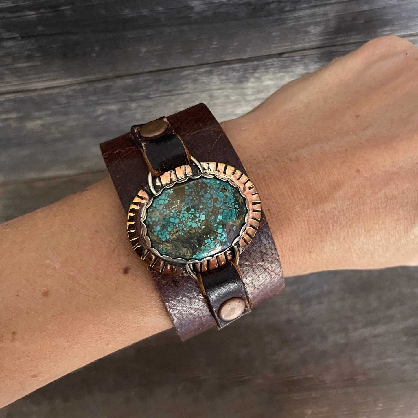 One of a kind genuine brown leather and small oval-shaped Campitos turquoise statement bracelet
