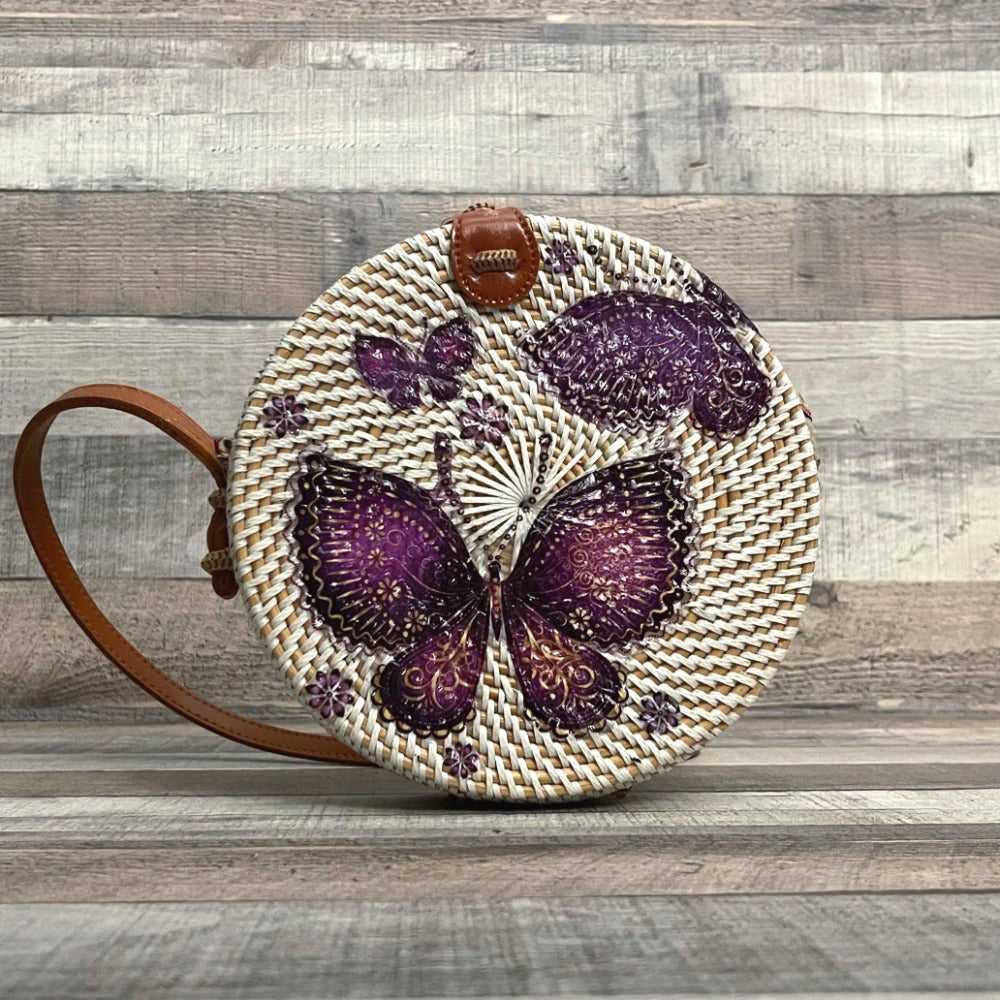 “CATALINA” Rattan Bag | Off White Purple Lilac Butterflies Rattan Bag