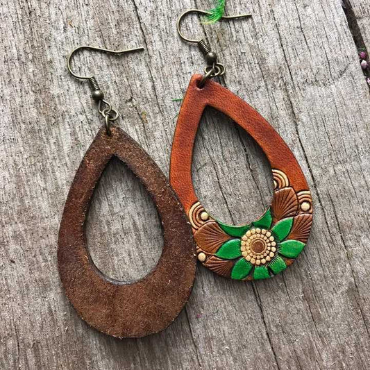 Boho-Style Handcrafted genuine leather hoop flower earrings