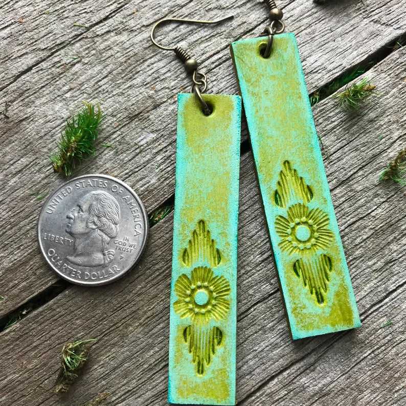 Boho-Style Handcrafted genuine leather rectangle flower earrings