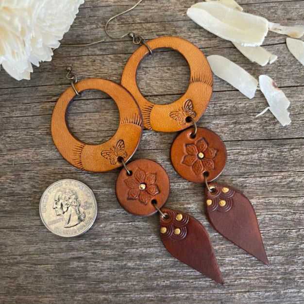 Boho-Style Handcrafted genuine leather sunflower earrings tri-color