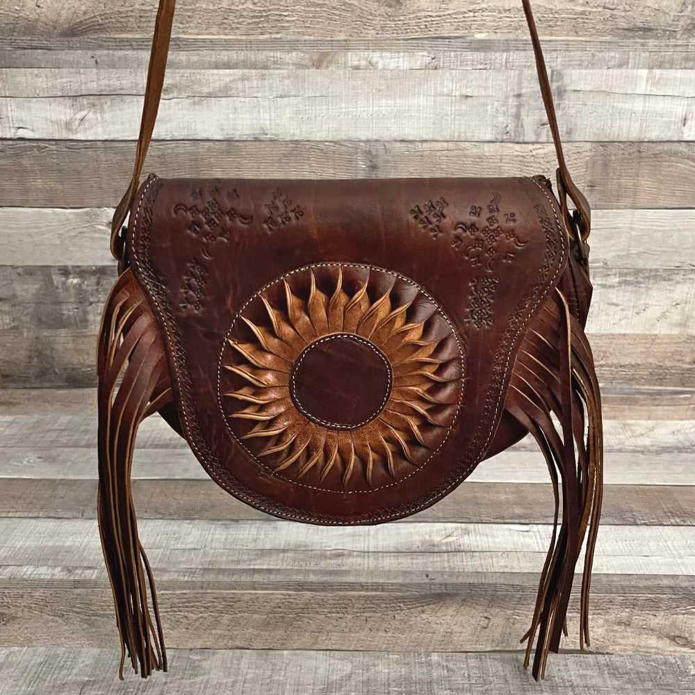 レア　リモージュ製big brown bag フランス製　アンティーク MOROCCAN SUN” Moroccan Tooled Leather Bag with Sunflower Design