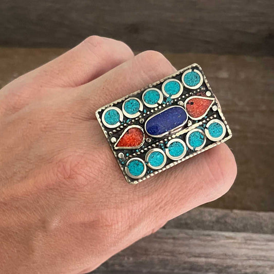 Big statement rectangular Tibetan ring with Turquoise, Coral and Lapis Lazuli gemstone
