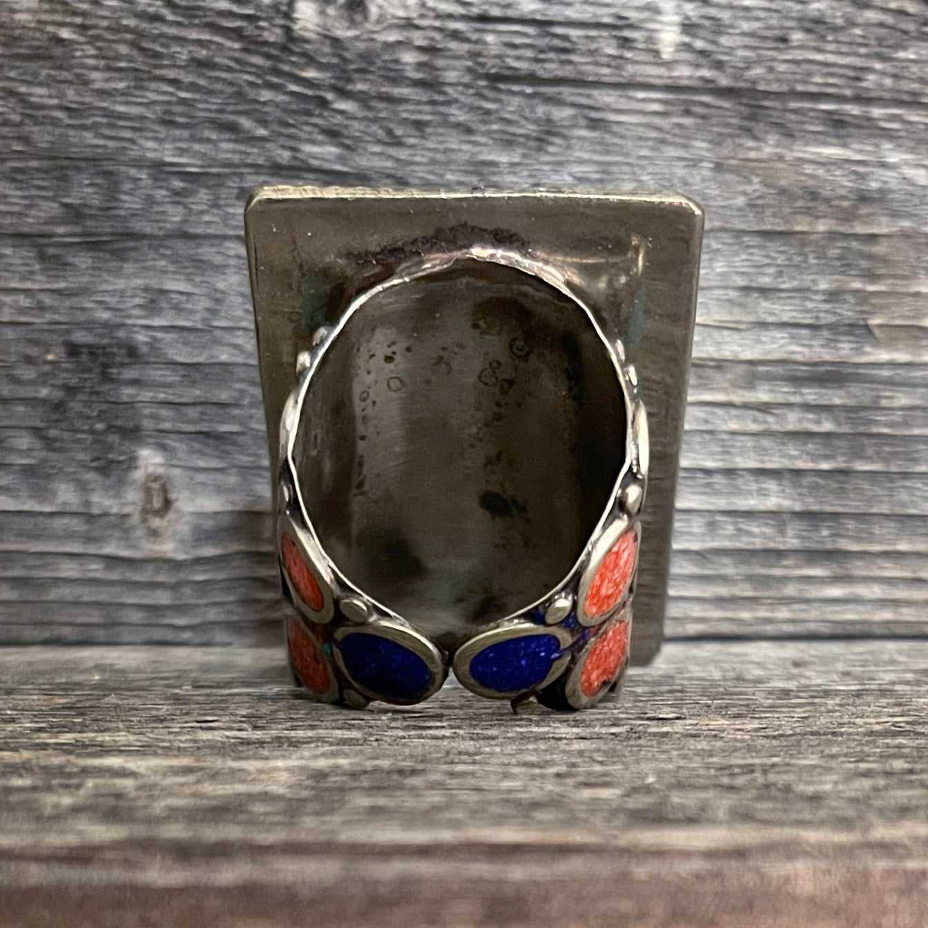 Big statement rectangular Tibetan ring with Turquoise, Coral and Lapis Lazuli gemstone