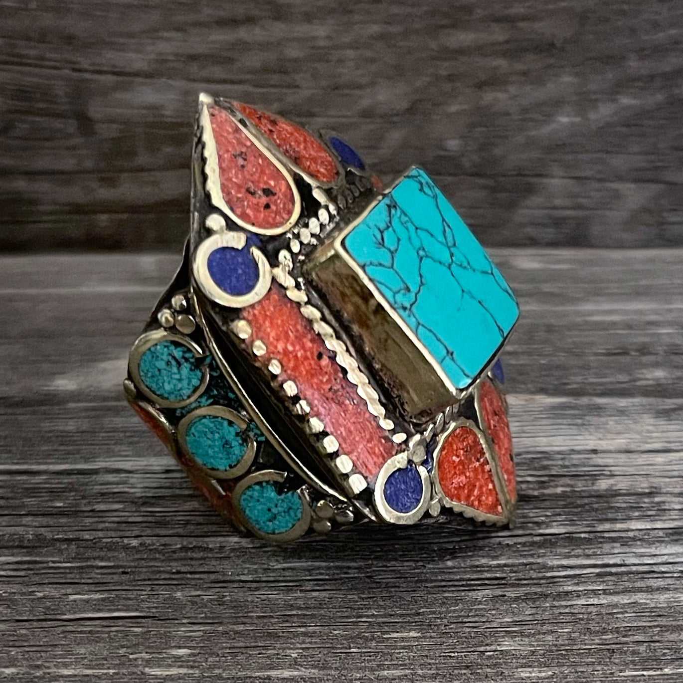 Big statement hexagon Tibetan ring with Turquoise, Coral and Lapis Lazuli gemstone