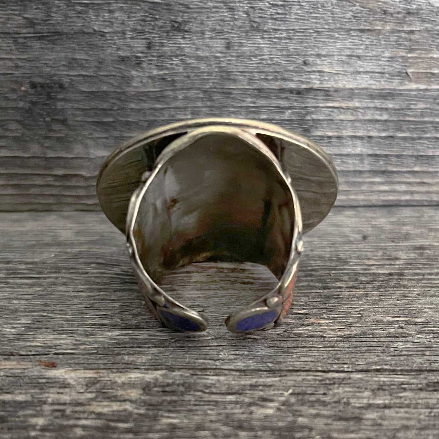 Big statement round B Tibetan ring with Turquoise, Coral and Lapis Lazuli gemstone