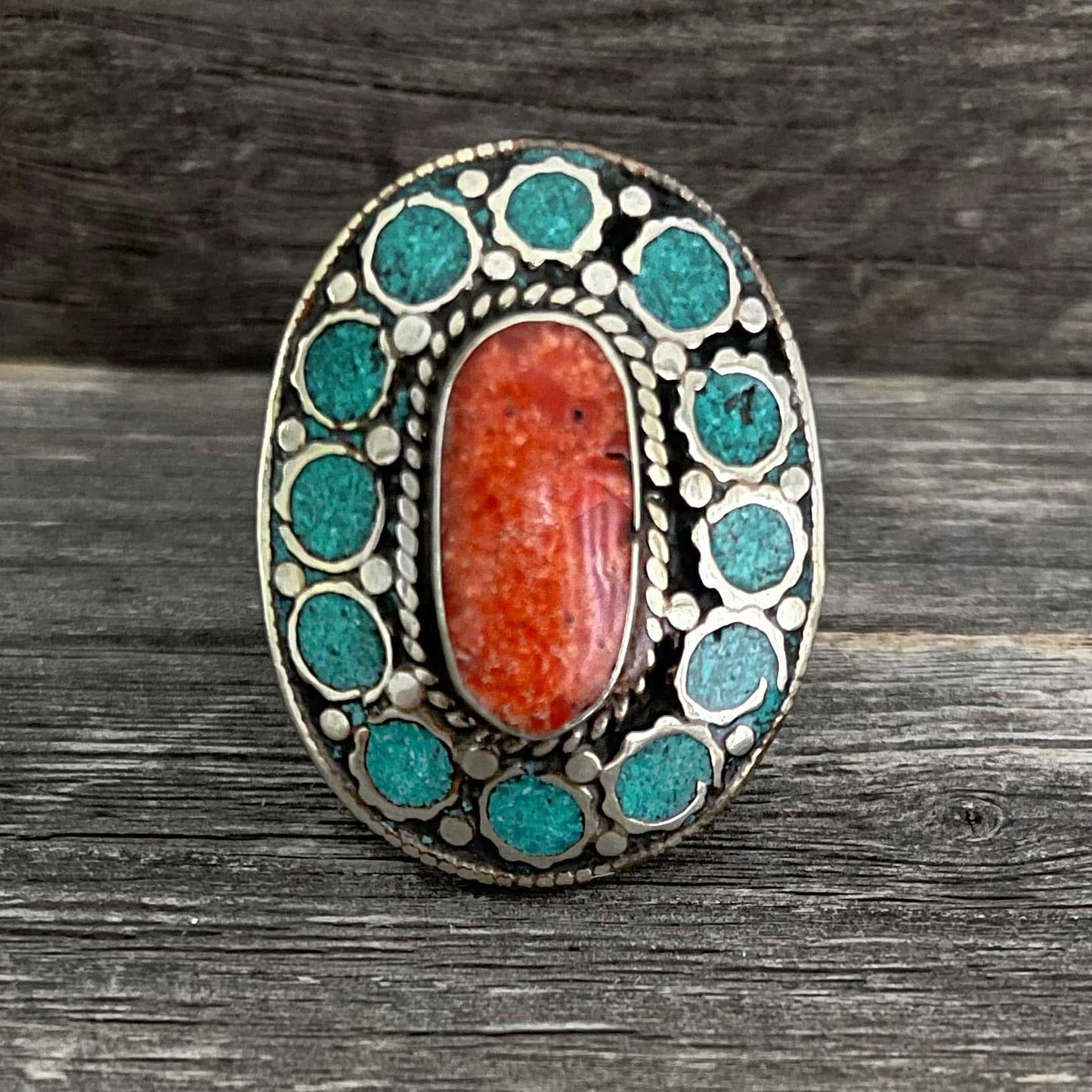 Big statement oval B Tibetan ring with Turquoise, Coral and Lapis Lazuli gemstone