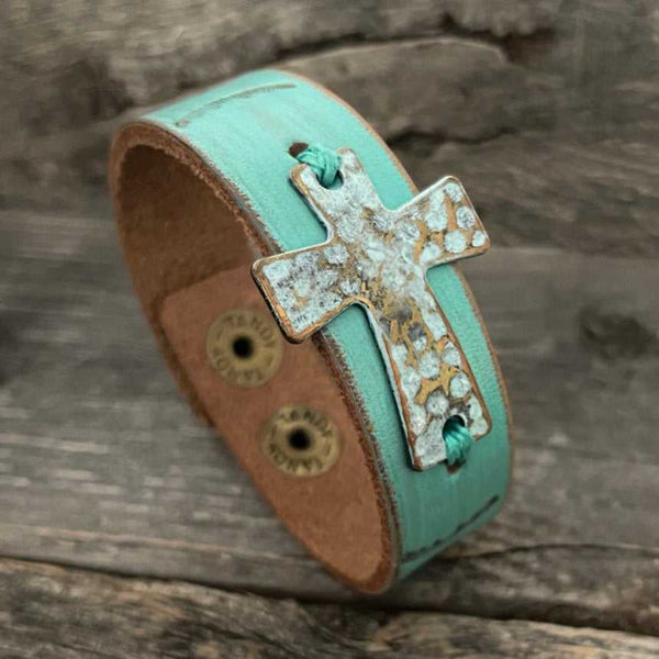 One of a Kind Genuine Leather Faith Bracelet with Vintage Cross
