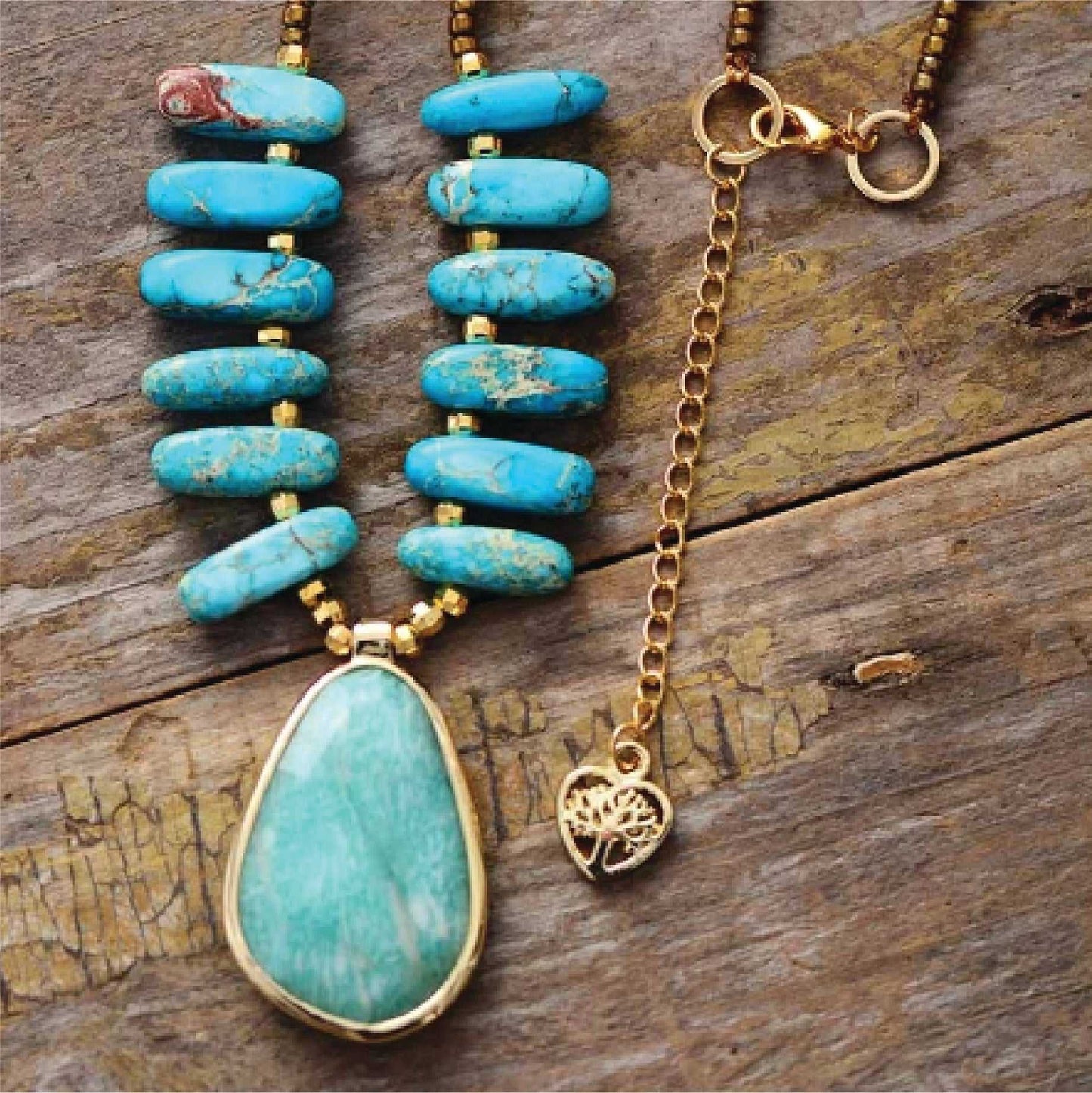 Jasper and amazonite natural stone boho beaded necklace