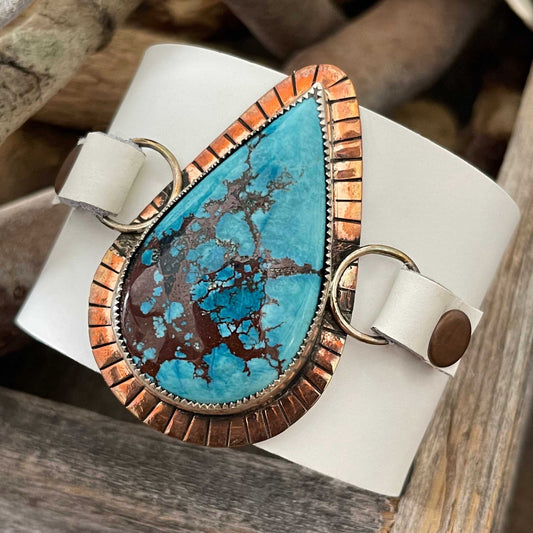 One of a kind genuine white leather and drop-shaped Tibetan turquoise statement bracelet