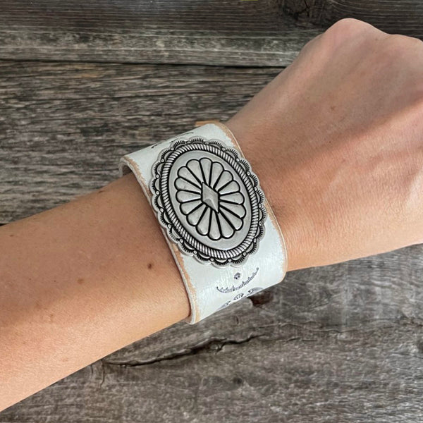 MADE TO ORDER - Genuine White Leather Silver Concho Bracelet
