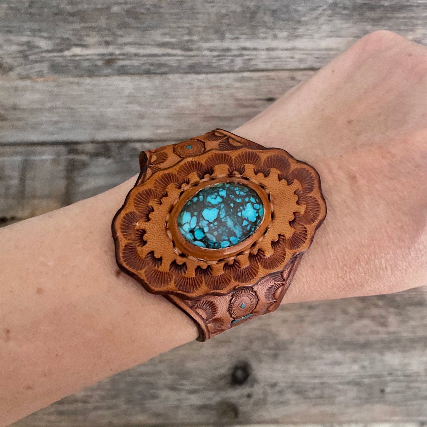 One of a Kind - Tooled Leather Bracelet with Navajo Spiderweb Turquoise