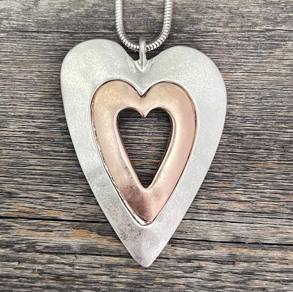 Two-tone, metal heart pendant necklace