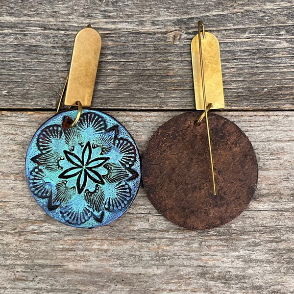 One of a Kind Handcrafted blue flower leather earrings