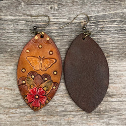 One of a Kind  Leather Butterfly Earrings and Flowers Design