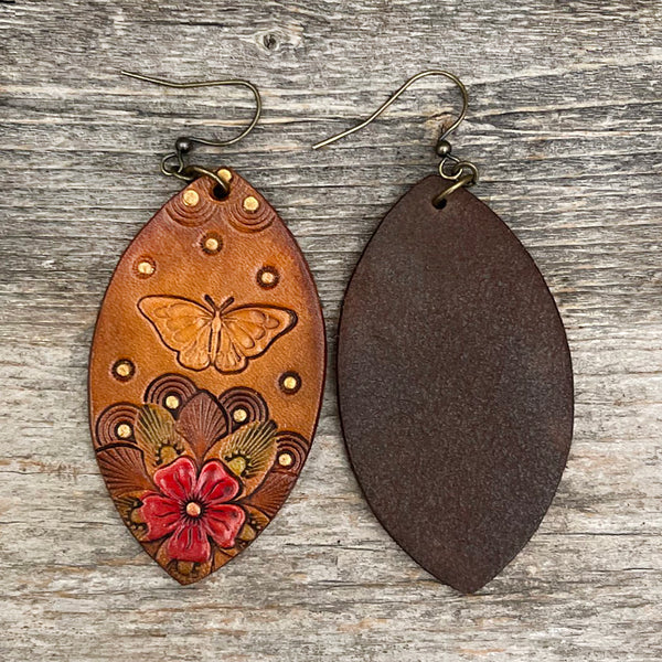 One of a Kind drop leather earrings with butterfly and flowers design