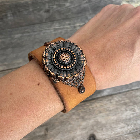 One of a kind Leather Bracelet with Flower Copper Concho