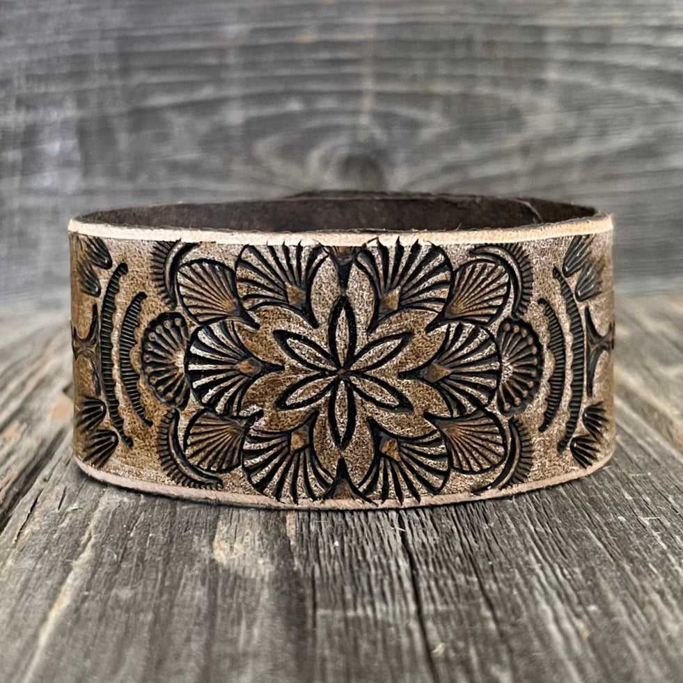 One of a kind, genuine leather, wide boho bracelet with tooled star flower