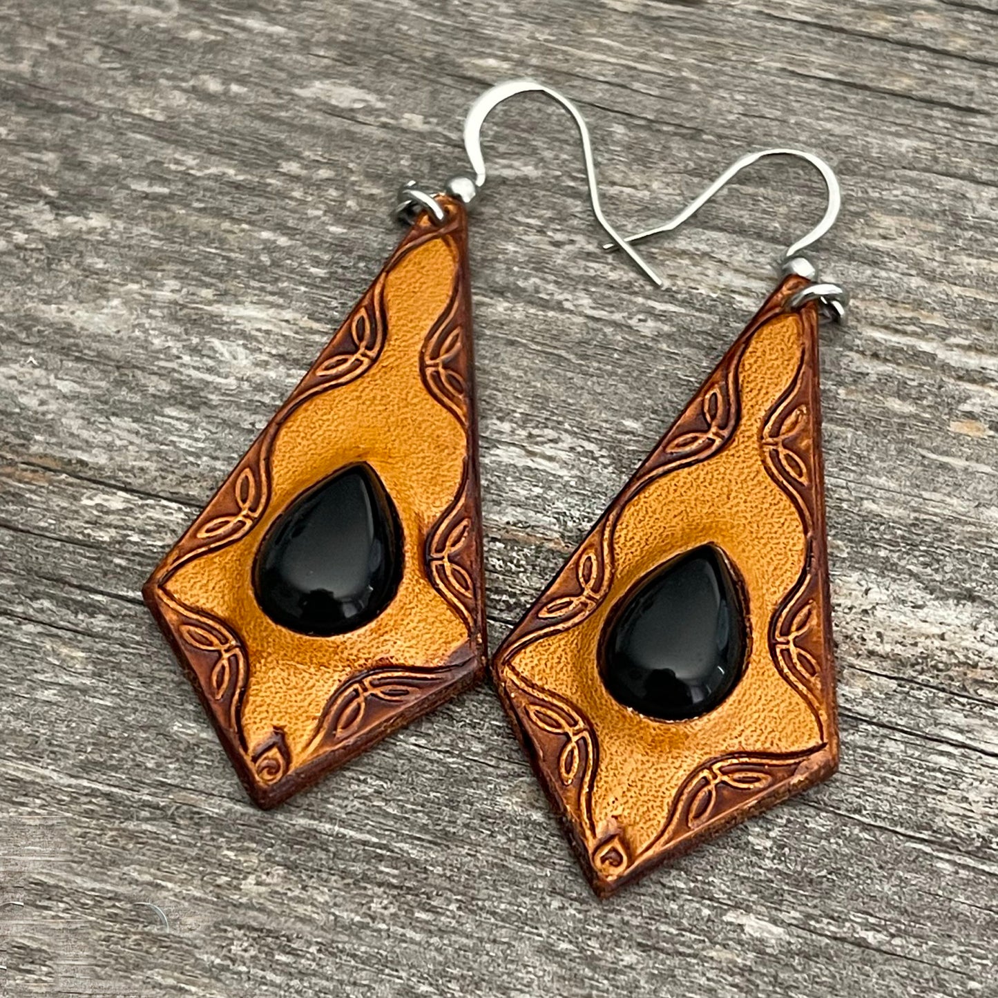 One of a Kind - Black Onyx inlay tooled leather earrings