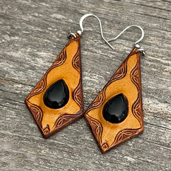 One of a Kind - Black Onyx inlay tooled leather earrings