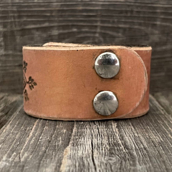 One of a kind, Wide Boho Leather Bracelet with Tooled Flower B