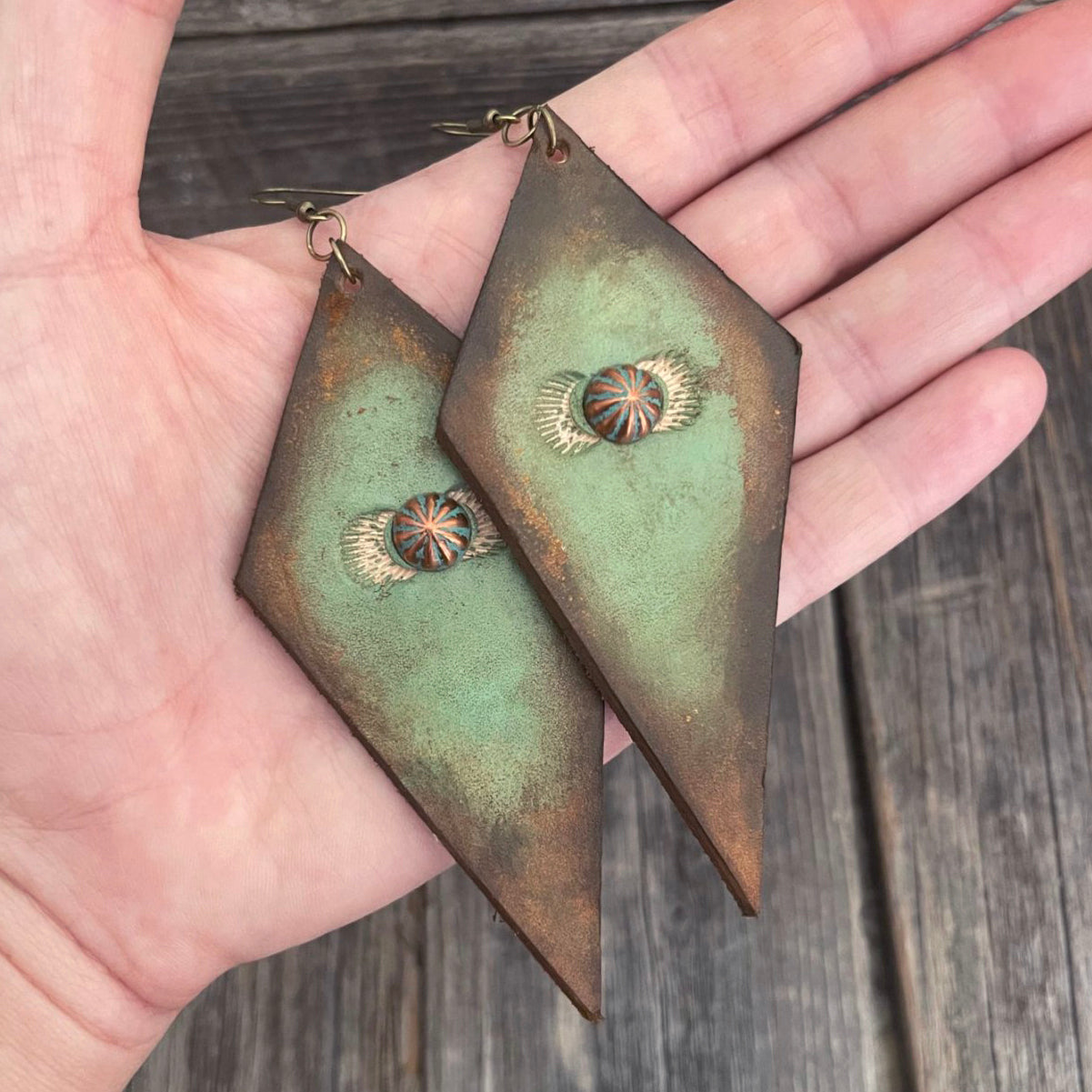 MADE TO ORDER - One of a Kind, genuine leather big statement rhomboid boho handmade earrings with rivets