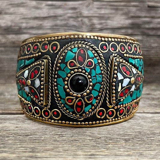 One of a Kind - Brass and ceramic Tibetan Cuff Bracelet