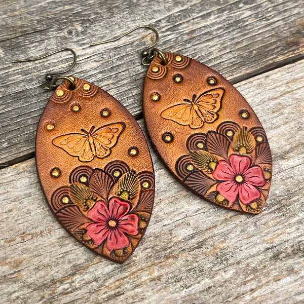 One of a Kind  Leather Butterfly Earrings and Flowers Design