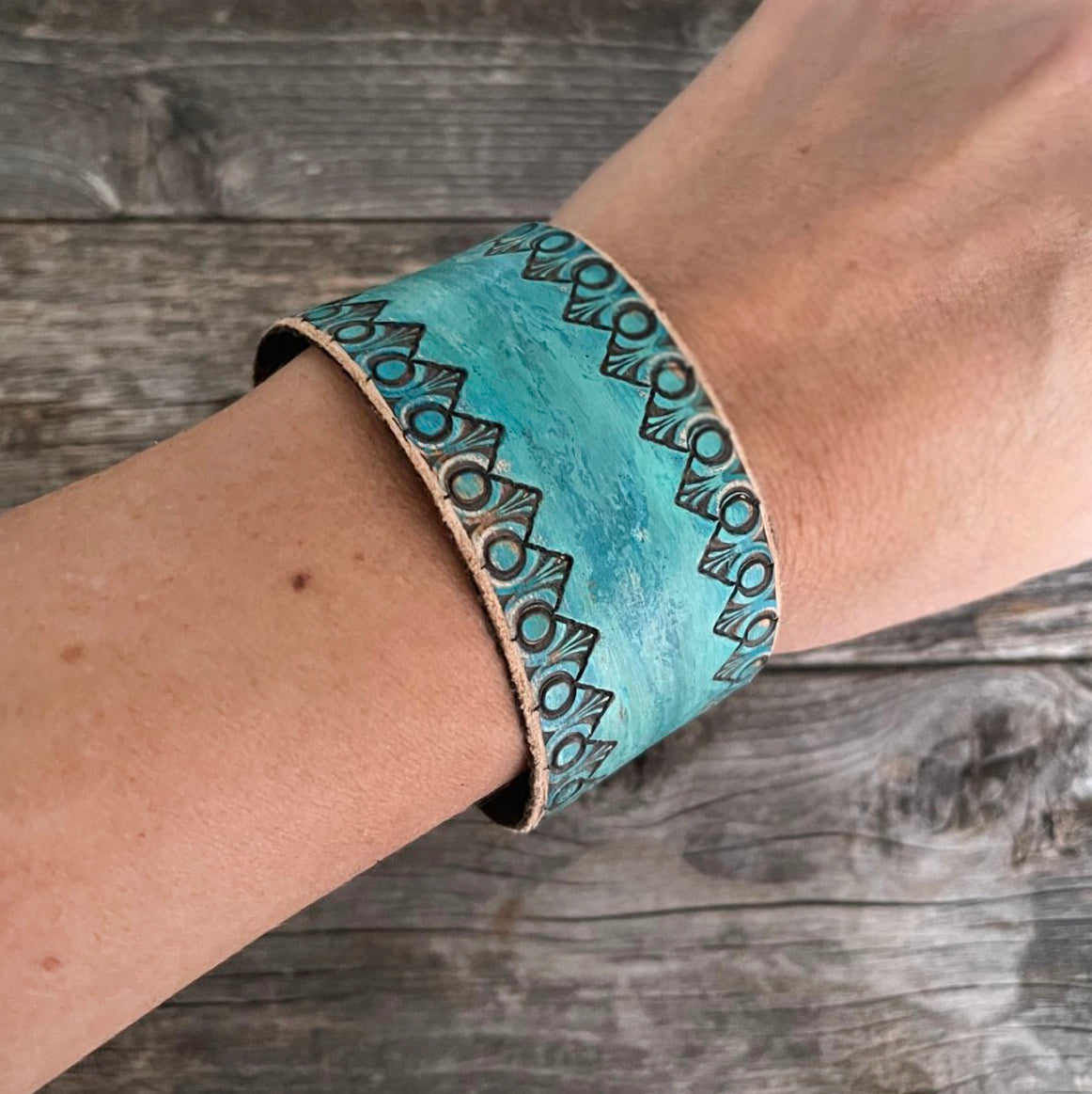 One of a kind, Genuine Leather Boho Bracelet Tooled Pattern