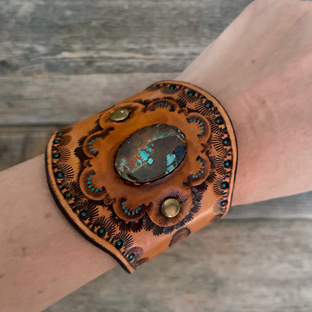 One of a Kind - Tooled Leather Bracelet with Royston Turquoise