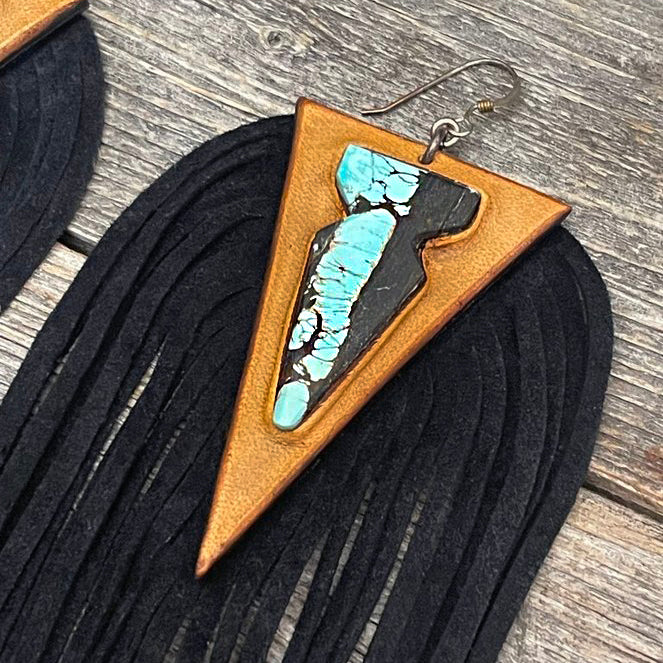 One of a Kind - Genuine Turquoise Fringe Leather Earrings