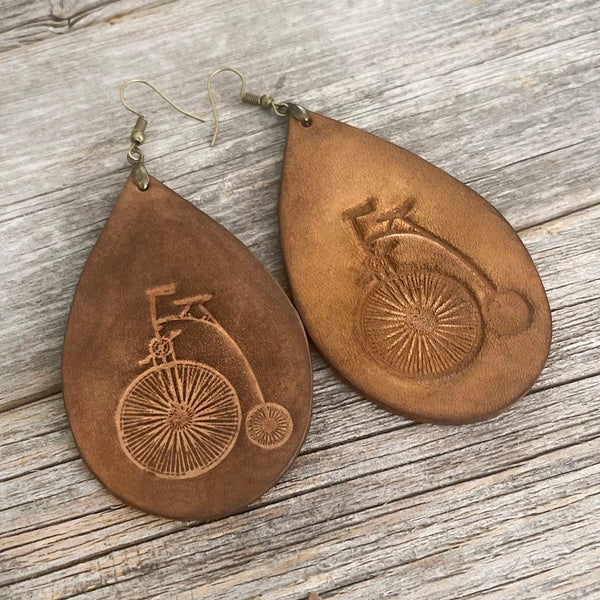 MADE TO ORDER - Long Leather Drop Earrings with Bicycle Design