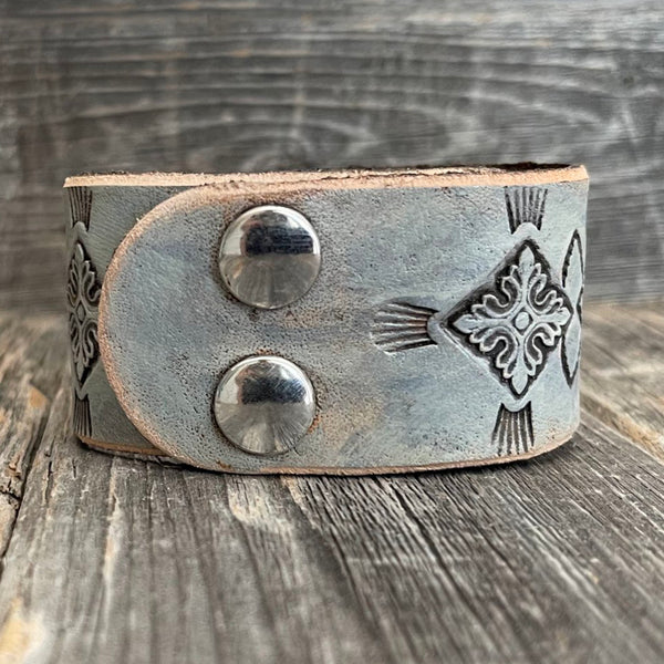 One of a kind, Genuine Leather Boho Bracelet with Tooled Pattern