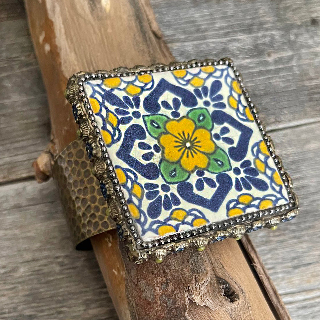 One of a Kind - Mexican Mosaic Brass Cuff Bracelet