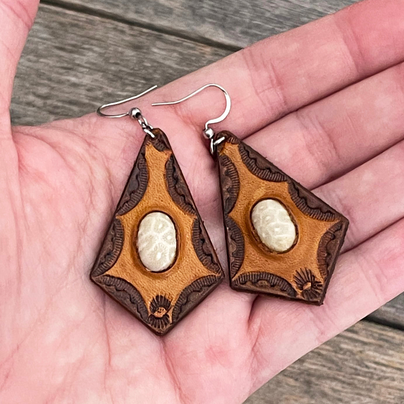 One of a Kind - White Coral Inlay Leather Earrings