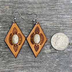 One of a Kind - Coral Inlay Leather Diamond Shape Earrings