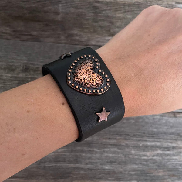 MADE TO ORDER - Genuine Leather Heart Copper Concho Bracelet