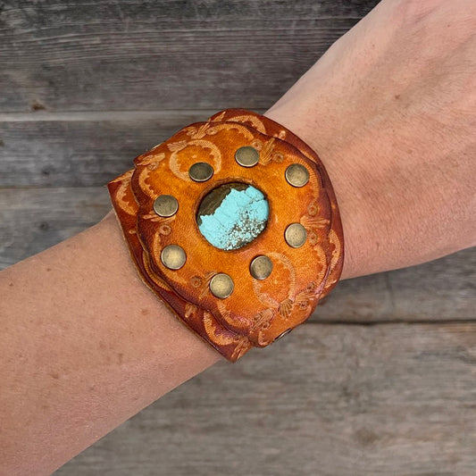 One of a kind, Genuine Leather Bracelet with Royston Turquoise