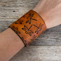 MADE TO ORDER - Wide Dragonfly Pattern Leather Bracelet