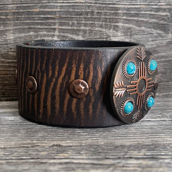 One of a kind Genuine Leather Bracelet with Quadrant Blue Stones