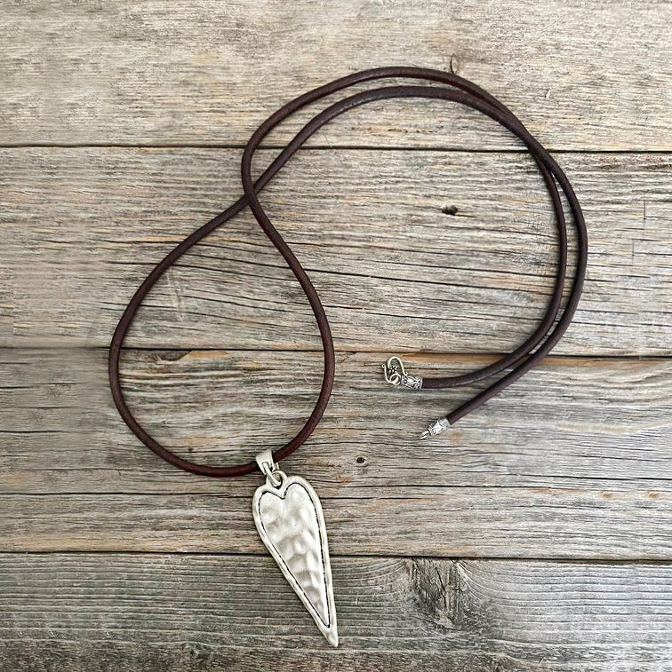 MADE TO ORDER - Tibetan Long Heart Pendant Leather Necklace