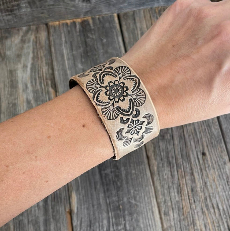 Genuine Tanned Boho Tooled Leather Bracelet with Flower - A