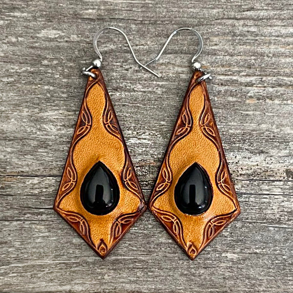 One of a Kind - Black Onyx inlay tooled leather earrings