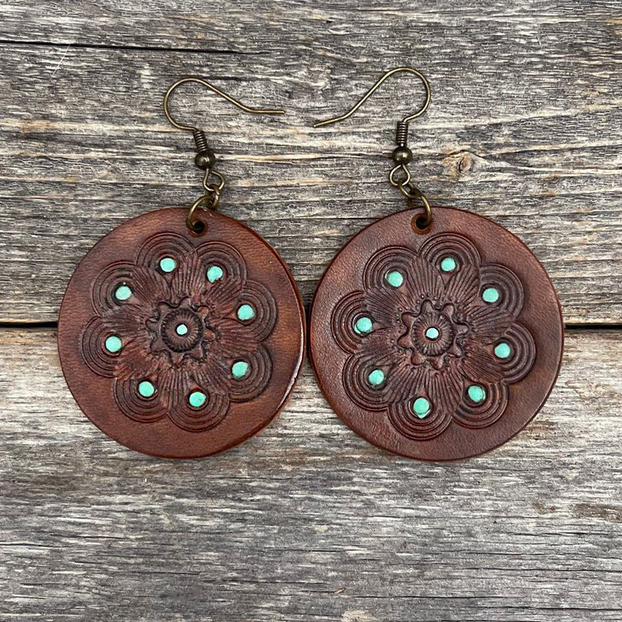 One of a Kind round tooled leather earrings | Boho Accessories