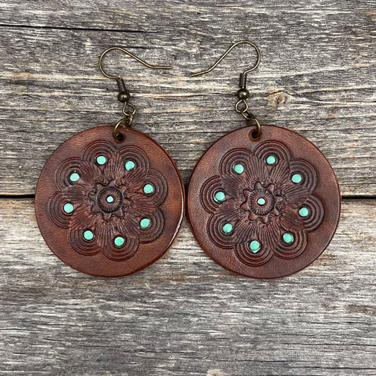 One of a Kind round tooled leather earrings