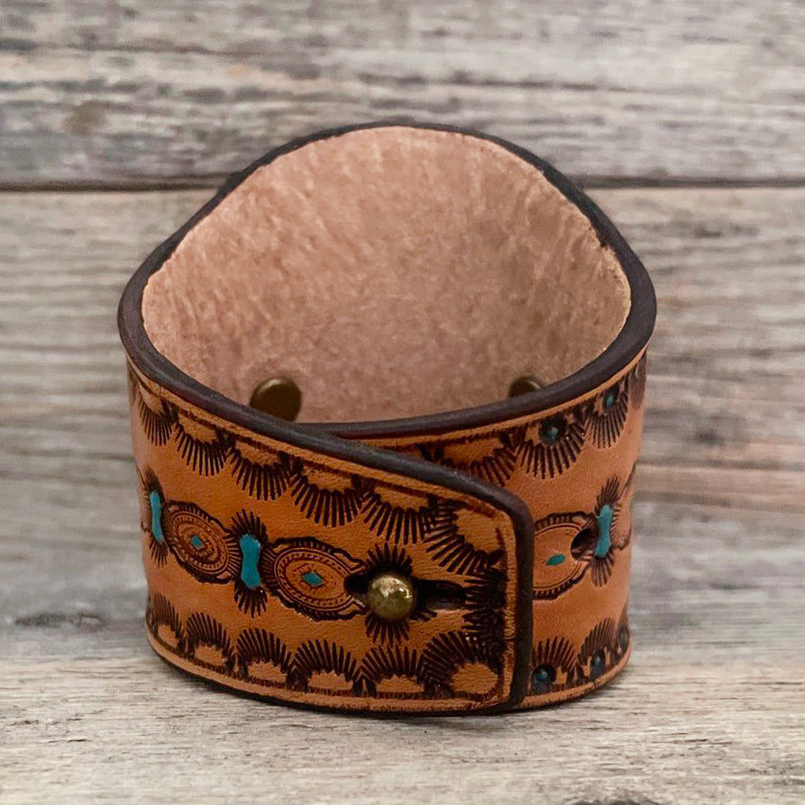 One of a Kind - Tooled Leather Bracelet with Royston Turquoise